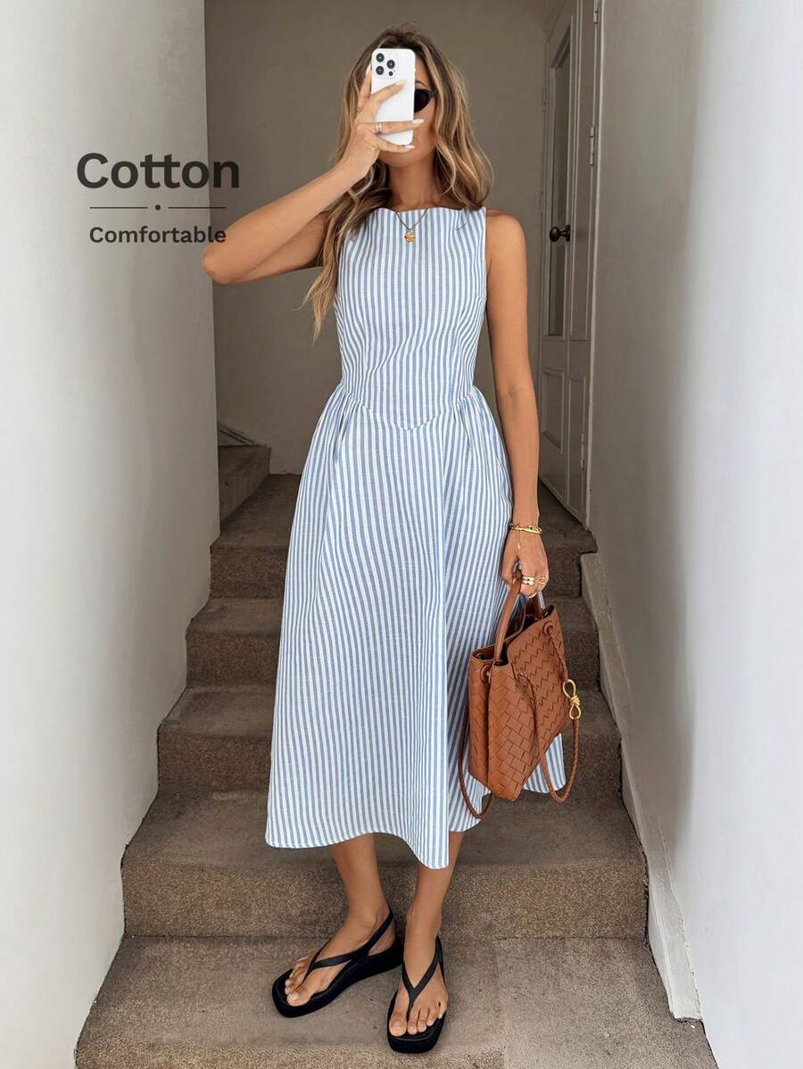 Easowa 圆领无袖褶饰腰部喇叭条纹中长连衣裙，棉质面料，适合休闲夏日假期优雅外出，蓝色和白色