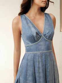Anewsta Women's Denim Tencel V-Neck Tiered A-Line Dress, Elegant New Design For Spring Summer - Blue - View 6