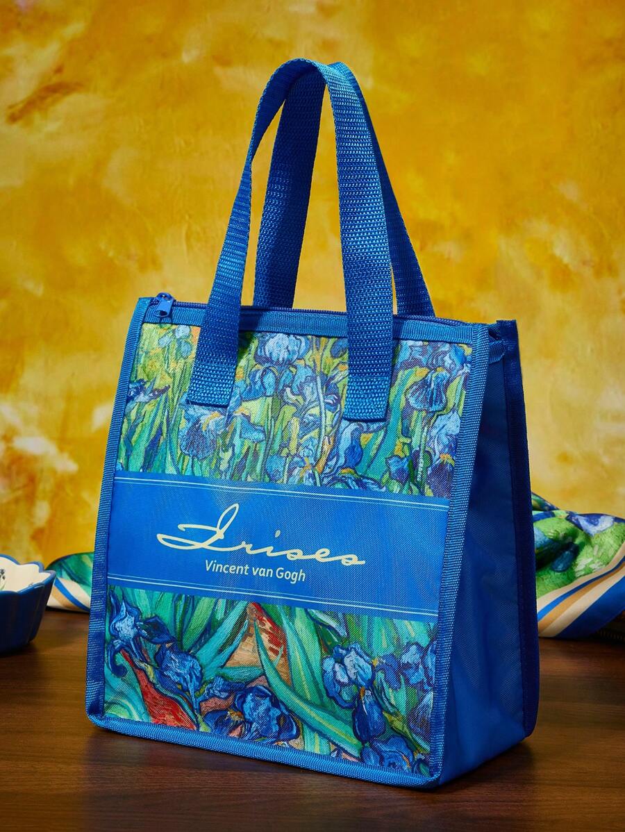 SHEIN Touch of Art 1 件装鸢尾花图案印花涤纶保温午餐包/野餐包,大容量,可存放午餐盒、饮料等,梵高风格,优雅艺术气息,适合夏季、春季、海滩、度假等场合,花卉图案。 - 彩色 - 查看 1