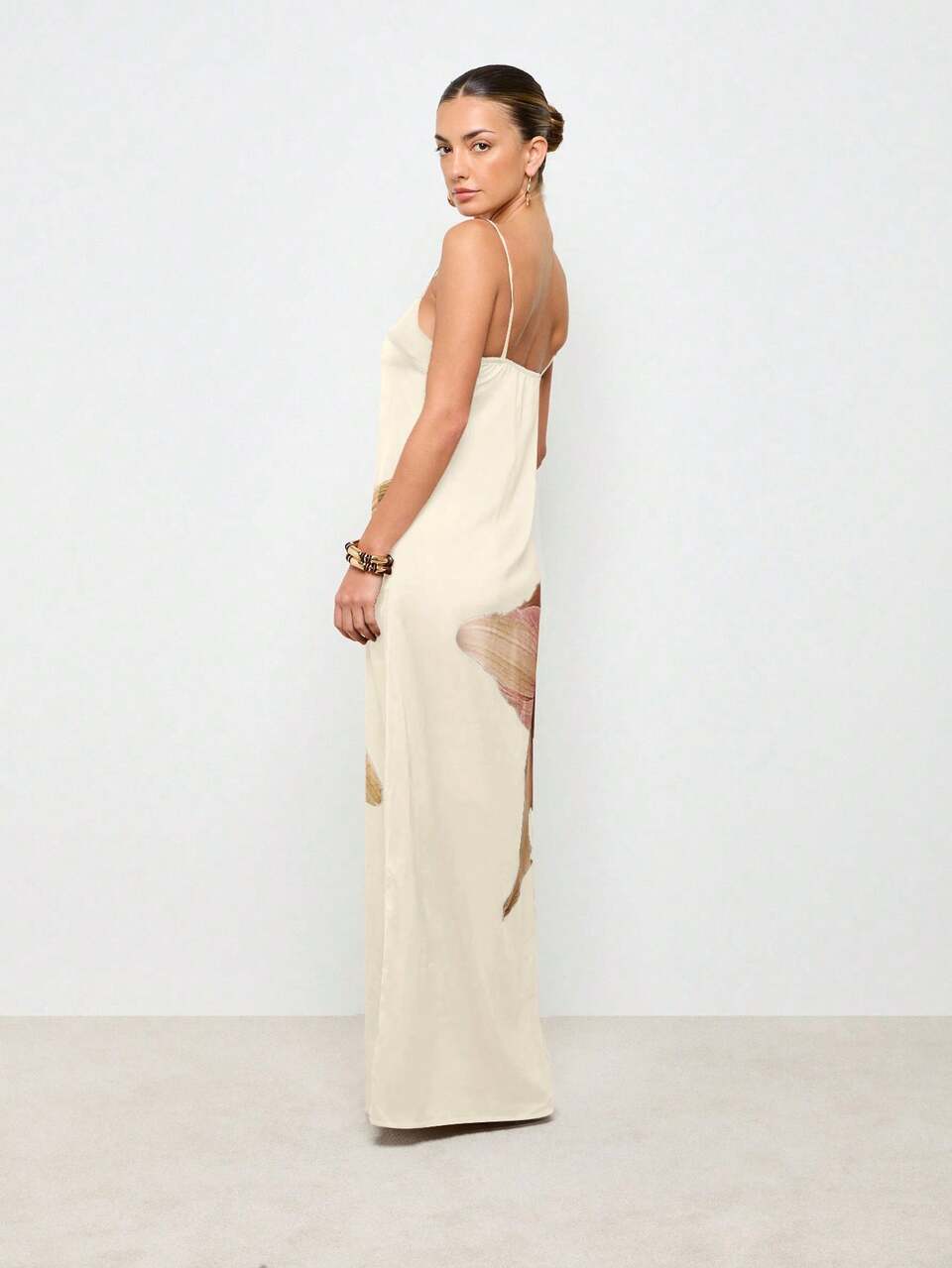 Elegant Floral Satin Maxi Dress Empire Waist Cami Strap Floor Length