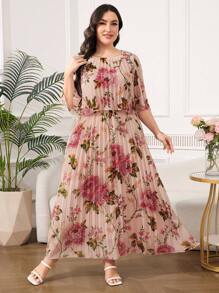 Reflora 大码女式几何优雅雪纺荷叶边褶皱连衣裙，夏季大码夏装大码碎花连衣裙大码连衣裙女士大码夏装曲线夏装女士夏装曲线碎花大码连衣裙大码连衣裙大码碎花夏装曲线加大码夏装大码长裙优雅连衣裙女士夏装女士夏装 - 彩色 - 查看 4