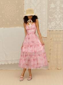 SHEIN MOD 女士粉色佩斯利图案露肩雪纺连衣裙