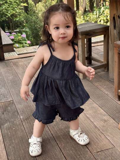 Hapijoa 女童两件套：荷叶边吊带衬衫和休闲短裤