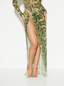KIZN Jupe de plage longue à manches longues, maxi jupe fendue à imprimé peau de serpent, tenue de plage, jupe portefeuille pour soirée - Vert - Voir 5