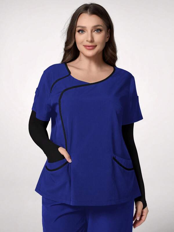 TaskEZ Plus Size Color-Block Trim Double Pocket Short Sleeve Scrub Top Plus Size Scrubs Womens Scrubs Blue Scrubs Nursing Scrubs Plus Size Blue Top