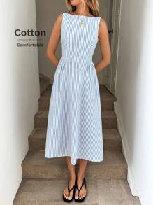 Easowa 圆领无袖褶饰腰部喇叭条纹中长连衣裙，棉质面料，适合休闲夏日假期优雅外出，蓝色和白色