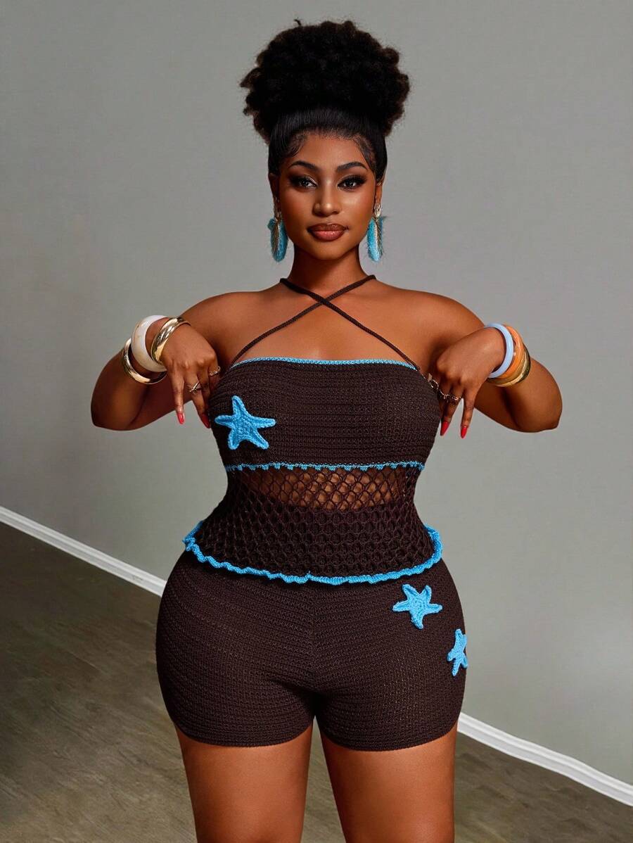 Slaydiva 2pcs/Set Plus Size Women's Vacation Starfish 3D Floral Halter Knit Top And Knitted Shorts Set - Chocolate Brown - View 1
