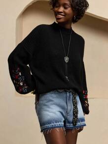 Bóhologie Women Solid Color Flower Embroidery Detailed Mock Neck Drop Shoulder Pullover Black Sweater Sweaters For Women,Jumper,Cream Jumper,Jumpers,Womens Jumper,White Jumper,Women's Jumper,Women's Jumpers,Winter Clothes - Black - View 5