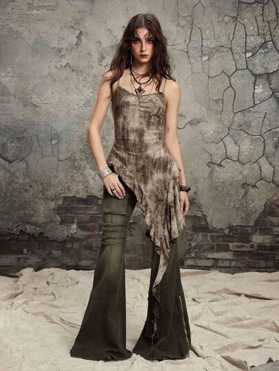 Grunge Punk Canotta da donna con volant asimmetrico in stile vintage Tintura a nodi dallo stile apocalittico Y2K