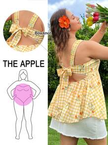 SHEIN EZwear Blusa casual de verano para mujer talla grande con estampado de limones y cuadros