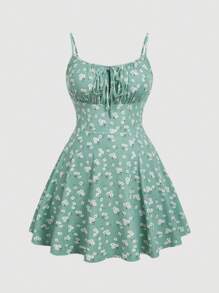 SHEIN EZwear 薄荷绿色碎花加大码雪纺连衣裙 - 薄荷綠 - 查看 1