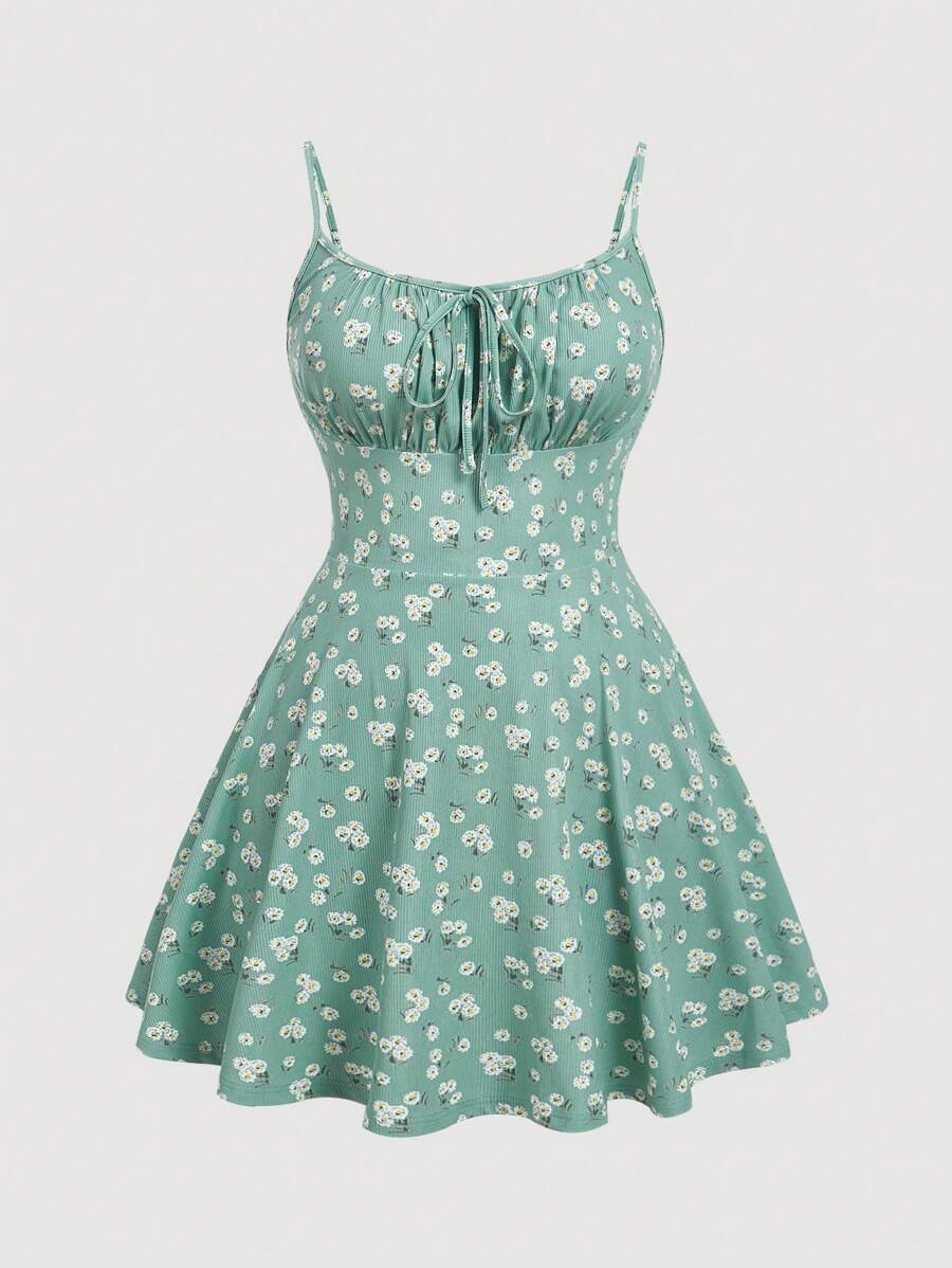 SHEIN EZwear 薄荷绿色碎花加大码雪纺连衣裙 - 薄荷綠 - 查看 1