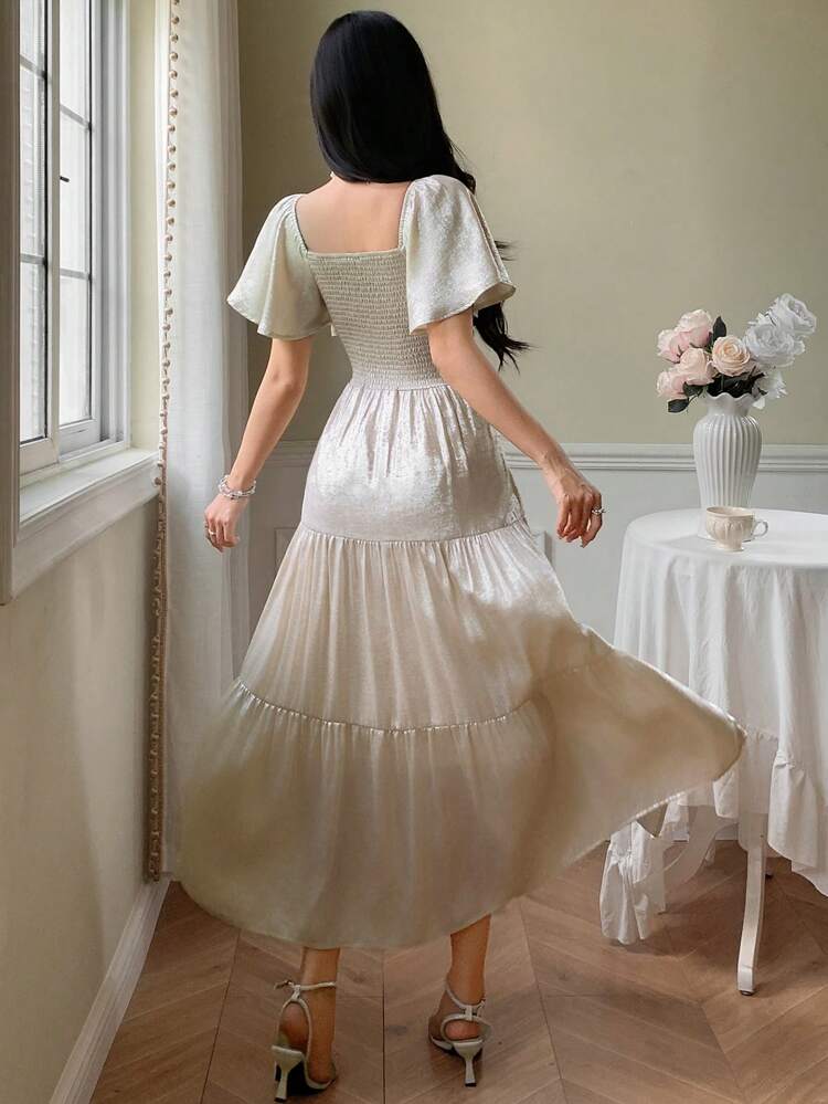 Women's Elegant Solid Color Pleated Ruffle Sleeve Mid-Length Dress, Summer,Formal Women Dresses Maxi Dress