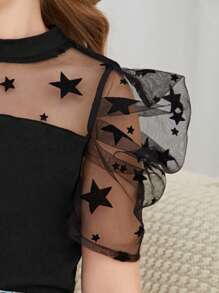 SHEIN Leap Crew 女大童拼接星星網紗泡泡袖T恤 - 黑色 - 查看 7