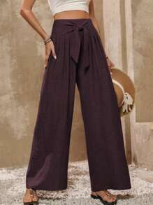 EMERY ROSE Women's Solid Color Vacation High Waist Knotted Pleated Wide Leg Loose Pants - Maroon - View 4