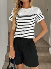 Easowa Striped Print Round Neck Tee - White - View 4