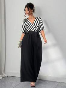 Elenzga 大码女士时尚休闲独特高端条纹拼接 3D 花卉连体裤，适合夏季日常通勤和办公室穿着，“Kooky Elegance Collection (Woe Is Me Vibes)(Wednesday Aesthetic)” - 黑與白 - 查看 7