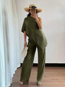 Elenzga Summer Fashion Solid Color One Shoulder Top And Pants Set - Army Green - View 4