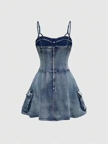 ROMWE Avant Y2K Vintage Washed Low Waist Mini Denim Slip Dress With Zipper - Blue - View 2