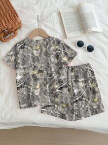 SHEIN Leap Crew Bộ 2 món áo ngắn tay in họa tiết lá héo & ngụy trang cho bé gái tuổi mới lớn, giản dị tối giản, thích hợp cho mùa hè - Nhiều màu - Xem 3