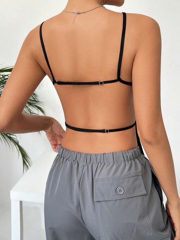 SHEIN EZwear Sujetador De Tirantes Para Damas En Color Sólido Con Espalda Al Aire - Negro - Añade 2