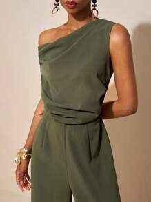 Zivah 2025 春夏新款多用途无袖连体衣 - 音乐节、复活节、圣帕特里克节、西部风、游牧风、生日派对、毕业典礼、学院风、日常穿着、休闲装、度假装、巡航装、海滩装、阳光装、时尚装、街头风格、婚礼嘉宾装、通勤装、早午餐装、机场装、绿色不对称褶皱高腰纹理亚麻连体裤