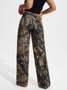 SHEIN PETITE Quần Jeans Ống Rộng Túi Họa Tiết Nhánh Cho Nữ Thường Ngày - xanh quân đội - Xem 2