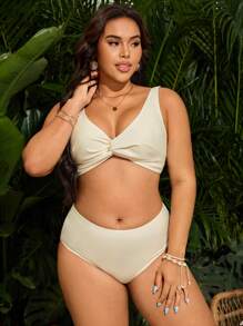 Swim Lushoire Plus Size Women Twisted Bikini Set, For Beach Holiday For Summer Beach Vacation - Apricot - View 3