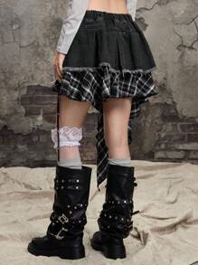 ROMWE Gothic Patchwork Plaid Asymmetric Hem Denim Mini Skirt - Multicolor - View 2