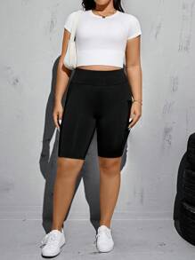 SHEIN Essnce 大码女式春夏时尚休闲运动高弹力舒适基本百搭日常黑色机车短裤带口袋，女式下装，街头服饰，曲线短裤，外出服，Y2k 服装，慢跑裤，骑行短裤