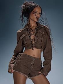 MUSERA Top corto de mezclilla con cordones en el cuello, chaqueta de estilo veraniego, sexy, para festivales, vacaciones, Ibiza, rave, estilo bohemio, vacaciones, mezclilla desgastada, escapada, cumpleaños, salida nocturna, otoño, invierno, fiesta, elegante, primavera - Marrón - Ver 5