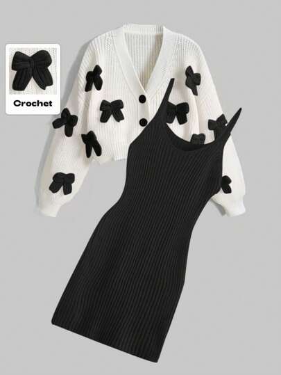 Kawaii Set da 2 pezzi composto da vestito canotta con decorazione a fiocco e cardigan