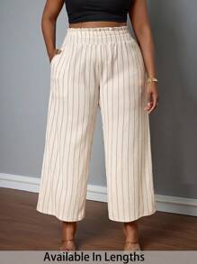 SHEIN PETITE CURVE 大码女式条纹抽绳腰阔腿宽松裤 - 彩色 - 查看 1