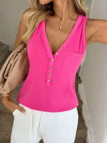 Easowa Half Button Patched Pocket Tank Top - Hot Pink - View 6