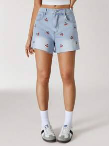 Jeanoix High Waist Embroidered Cherry Washed Denim Shorts - Light Wash - View 3