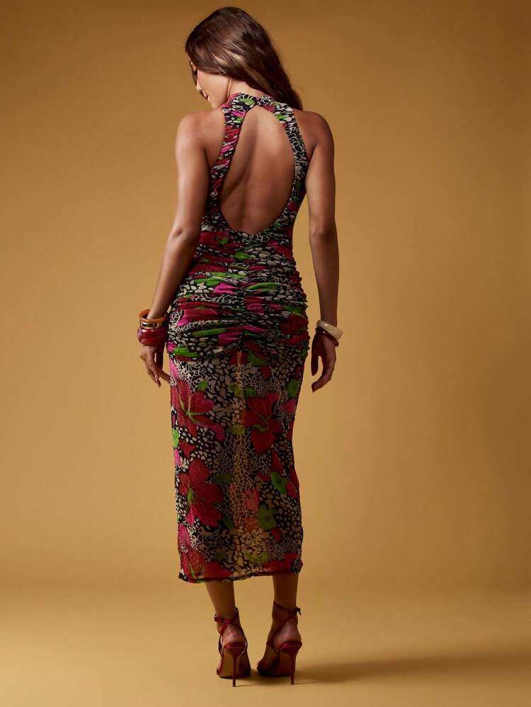 MISSGUIDED Floral Print Ruched Maxi Dress High Neck Halter Evening Party Wedding Guest Summer Holiday Special Occasion Long Bodycon Dress With Open Back