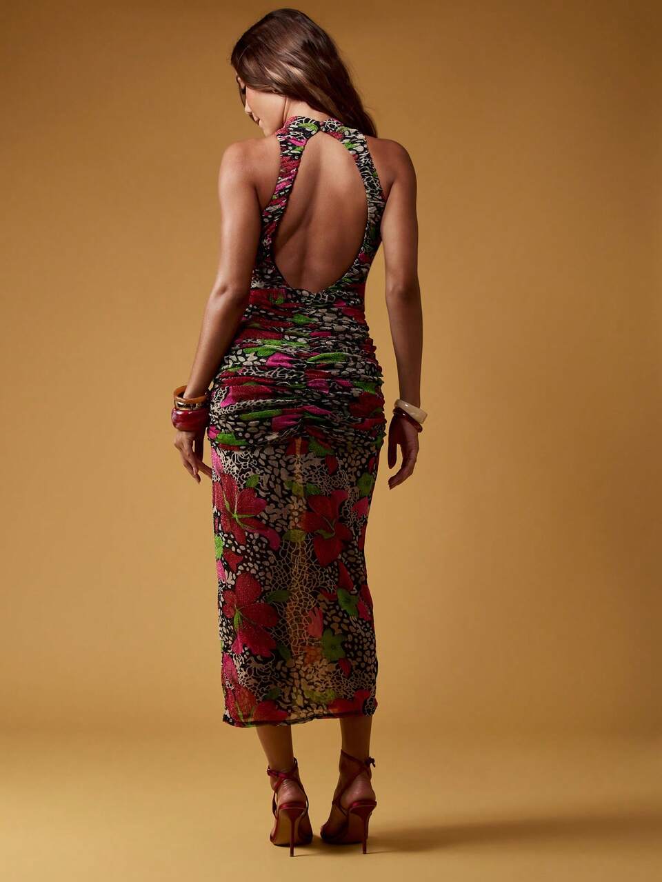 MISSGUIDED Floral Print Ruched Maxi Dress High Neck Halter Evening Party Wedding Guest Summer Holiday Special Occasion Long Bodycon Dress With Open Back