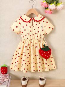 SHEIN Girls' Short Sleeve Smocked Collar Strawberry Print Dress With Strawberry Shaped Hanging Pouch, Casual Outfit For 4-7 Years Old, Summer New Arrival