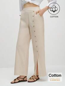 Airaco 女士休闲高开叉阔腿棉裤 - 卡其色 - 查看 1