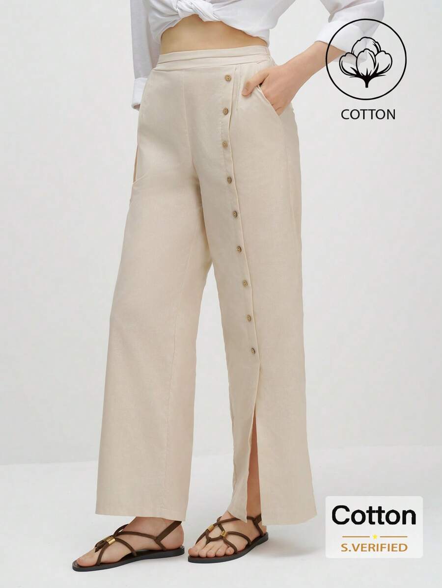 Airaco 女士休闲高开叉阔腿棉裤 - 卡其色 - 查看 1