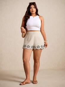 Elaquor Quần short thường ngày thêu hoa cỡ lớn - Màu be - Xem 6