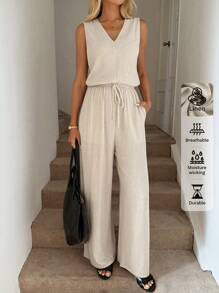 Easowa V-Neck Waist Tie Bow Decor Side Pockets Sleeveless Jumpsuit Wide Leg Pants, Casual Vacation Elegant Outfit For Women, Spring Summer Western Wear Women Business Casual Women Old Money Style Women Vacation Outfits Woman