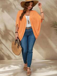 EMERY ROSE Plus Size Vacation Solid Color Asymmetric Hem Batwing Sleeve Casual Jacket,Spring/Summer Fall Women Clothes,Autumn,Fall Clothes Orange Cardigan Summer Cardigan Plus Size Summer Cardigan Orange Plus Size Cardigan Winter - Orange - View 5