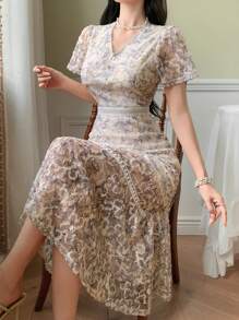 DAZY Elegantes Midi-Kleid mit Blumenmuster für Damen, Sommer - Beige - Übersicht 1