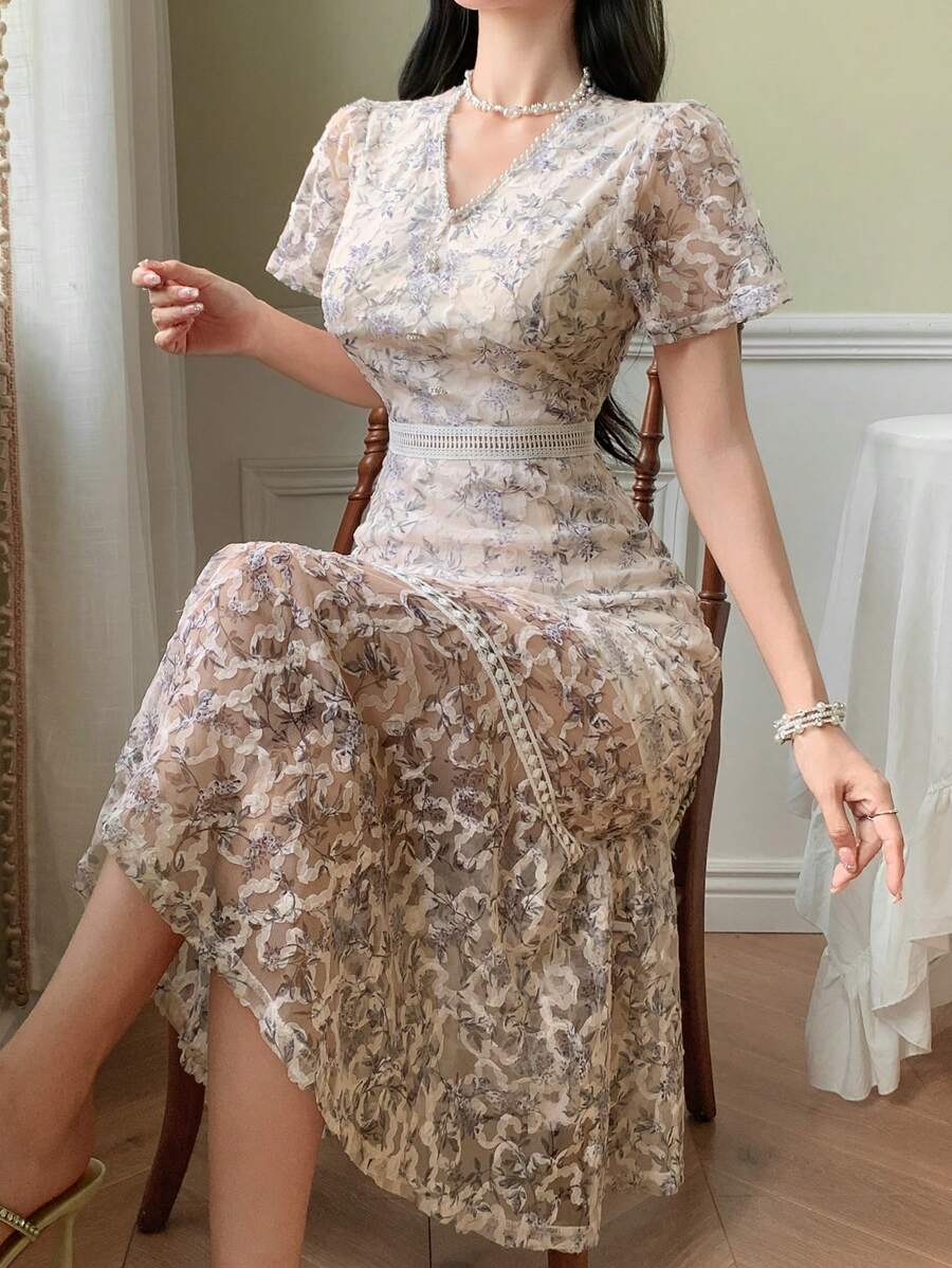 DAZY Elegantes Midi-Kleid mit Blumenmuster für Damen, Sommer - Beige - Übersicht 1