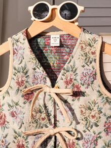 SHEIN 年轻女孩假日前蝴蝶结装饰纹理花卉印花衬衫，花卉刺绣简约休闲上衣，女士波西米亚风不对称系带V领宽松多色提花上衣，花卉植物女孩上衣，春夏，休闲日常分层穿着，可爱优雅甜美复古时尚。妈妈和女儿和姐妹的搭配风格 - 紅色 - 查看 6