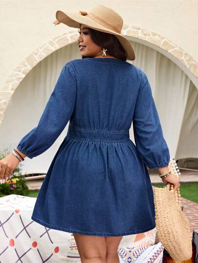 EMERY ROSE Plus Size Women Casual Front Button Up Denim Dress, Holiday Style