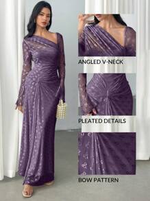 Modelyn 优雅蝴蝶结网眼不对称领口连衣裙