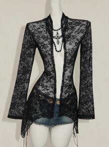SHEIN ICON Sexy Lace Asymmetrical See-Through Cardigan Top - Black - View 4
