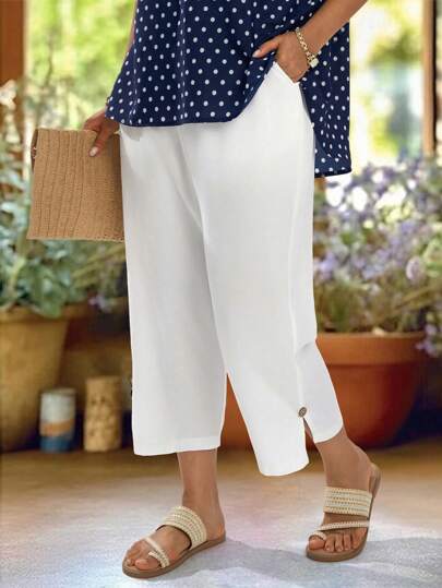 EMERY ROSE Plus Size Casual Solid Color Tapered Pants, Fashionable For Summer, Western Wear Women, Boho, Summer, Elegant Concert Simple And Fashionable For Everyday Wear, White Pants, Women Summer Pants, White Pants For Women,Gifts For Mother,Bohemian,Springbreak,Rave,Vacation